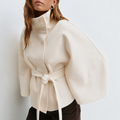 Women's Wool Blend Poncho Coat Oversized Belted Stand Collar Cropped